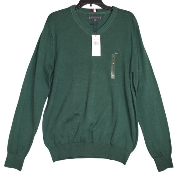 Tommy Hilfiger Men's Green Solid V-Neck‎ Cotton Pullover Sweater NWT Size Large - Picture 1 of 5